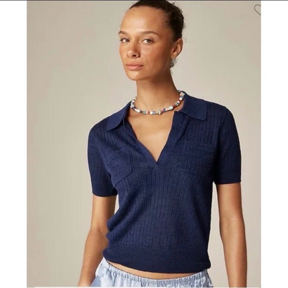 J. Crew Navy Short-Sleeve Polo Shirt in linen size: L